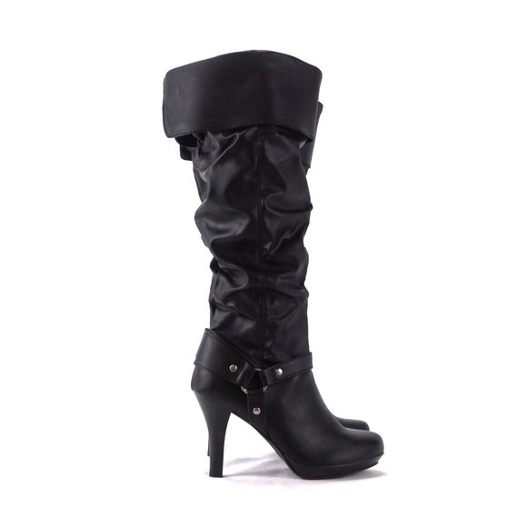 So PSI Black Folded Cuff Knee High Heeled Slouch Boots Brand New in Box NIB - Picture 2 of 6